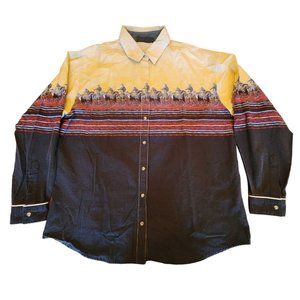 Vintage Mens Wrangler Blues Pearl Snap Horse Print Button Up Rare Size XL Cowboy